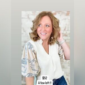 THML White and Blue Patterned Sleeve Top